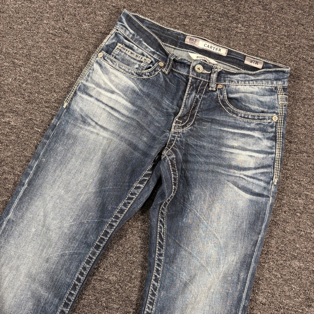 BKE Carter Jeans Mens 27R Blue Bootleg Heavy Stitch Dark Wash Stretch Denim